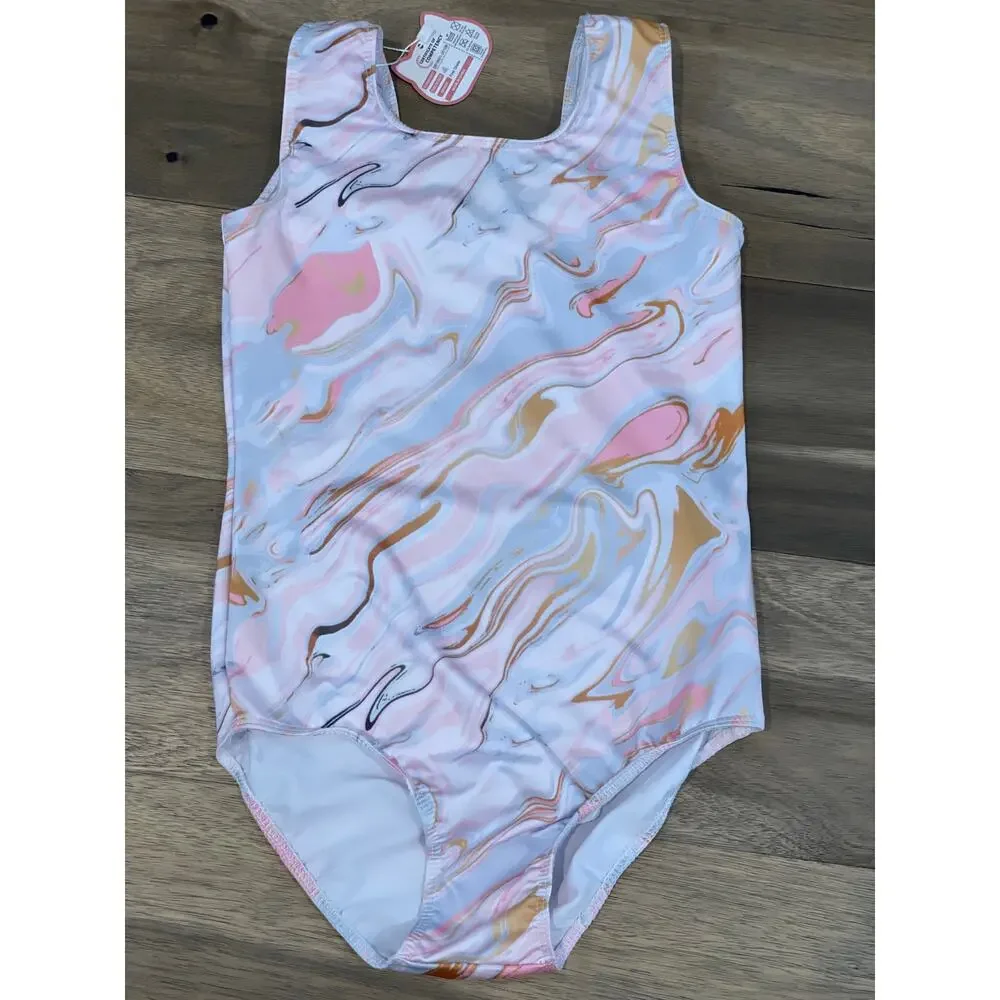 Girls Pink Blue & Gold Swirl One‑Piece Swimsuit Size M (7/8) NWT